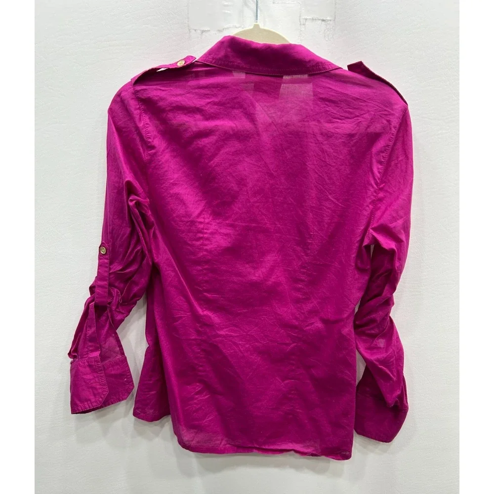Tory Burch Button Front Shirt Sz 0 Magenta Pink Designer Preppy Roll Tab Sleeve